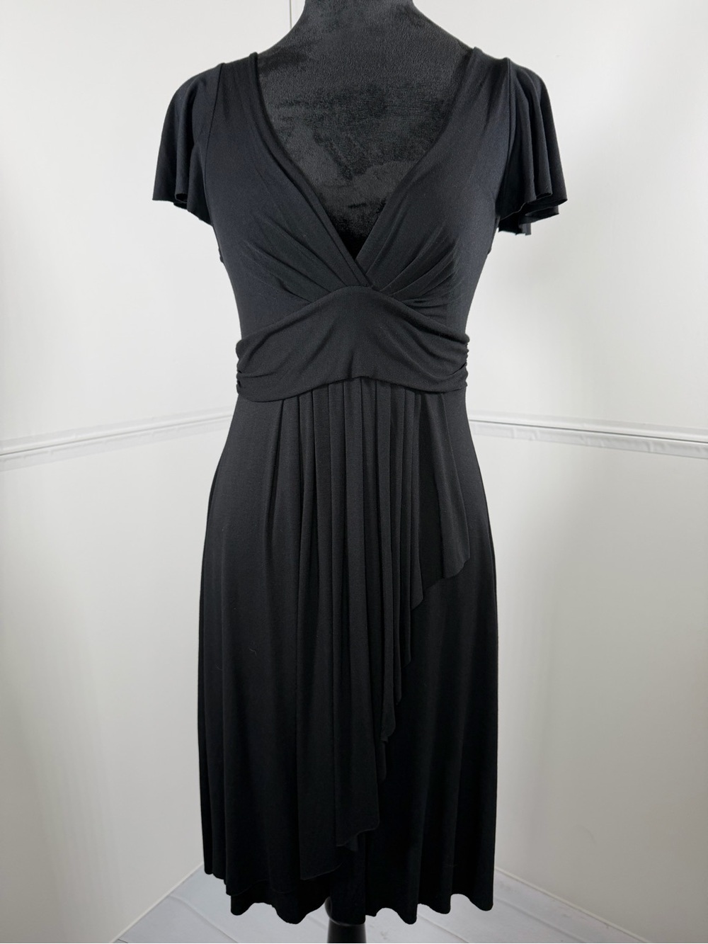 KLD Signature Black Faux Wrap Midi Dress Flutter Sleeve Size Medium